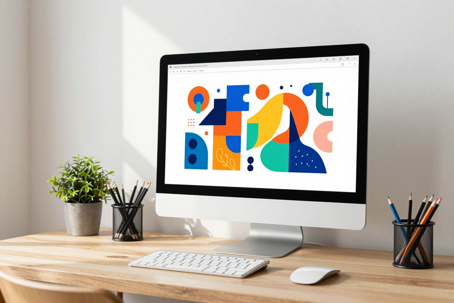 Una scrivania chiara con un monitor che mostra un disegno astratto a colori