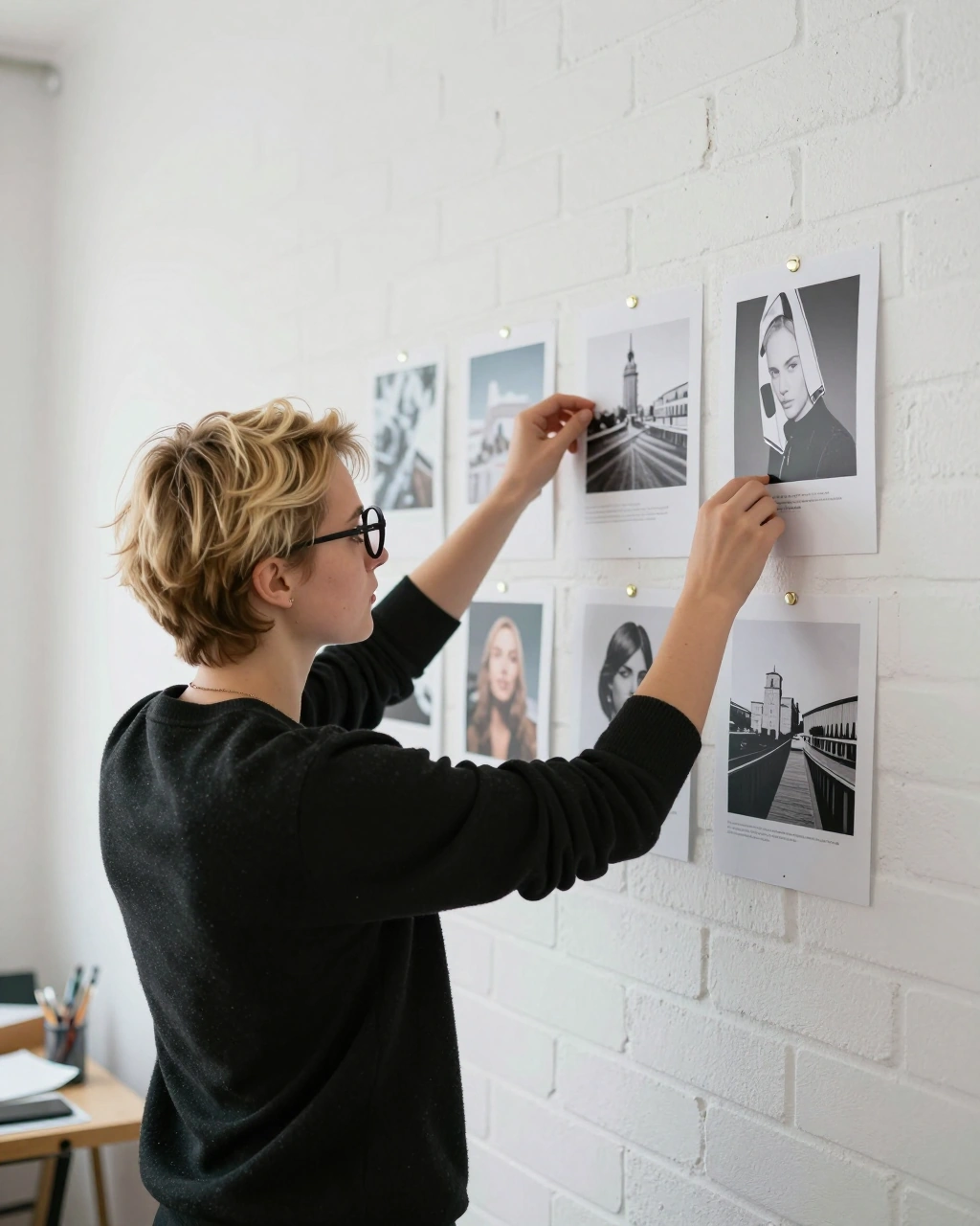 Un designer appende foto stampate su un muro di mattoni bianchi