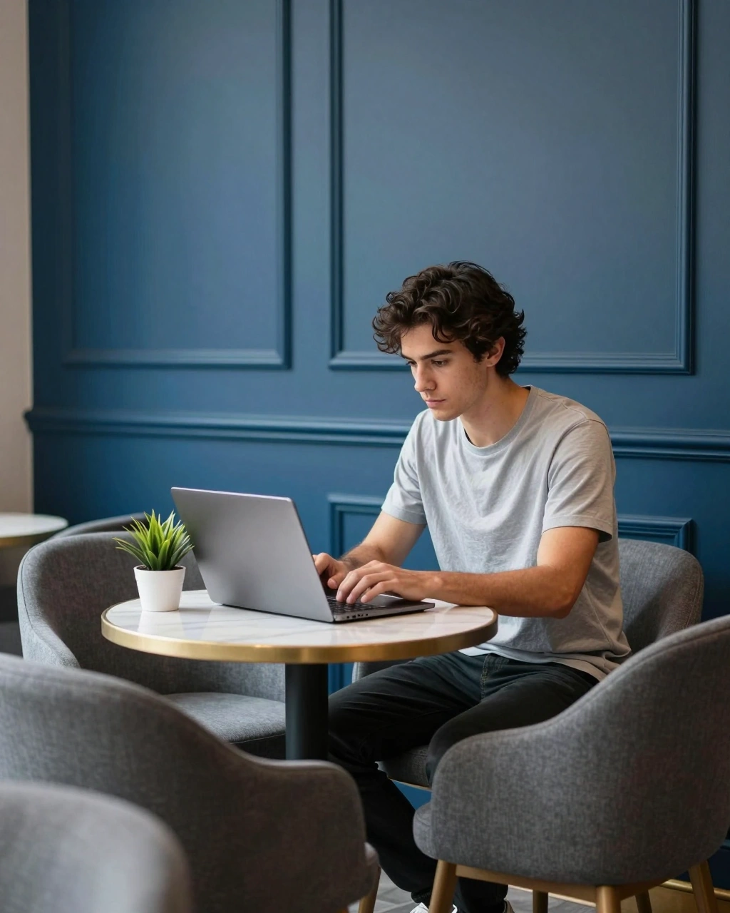Un ragazzo lavora al portatile in un caffè dalle pareti blu